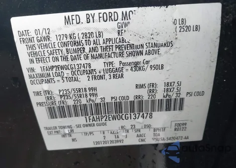 2012 Ford Taurus Sel z USA, uszkodzony, nr VIN 1FAHP2EW0CG137478